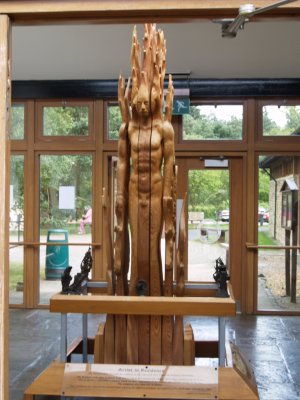 Wood sculpture in Sutton Bank National Park visitor centre, North York Moors, North Yorkshire England