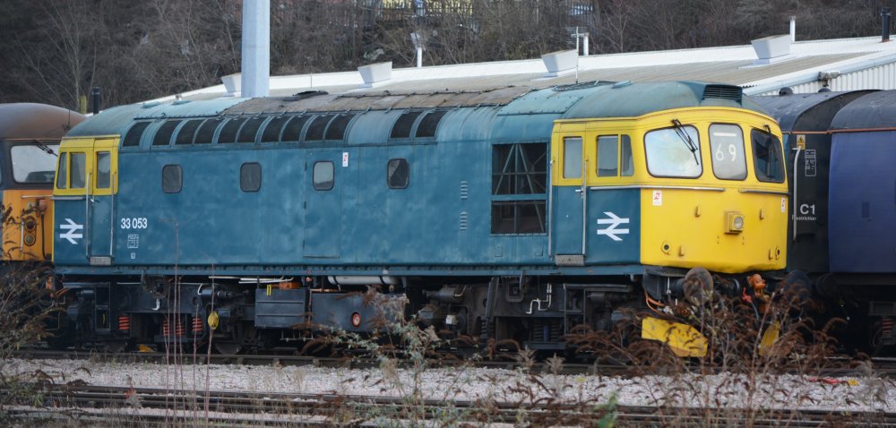 Class 33 diesel locomotive 33053 in the yard of UK Rail Leasing, Leicester