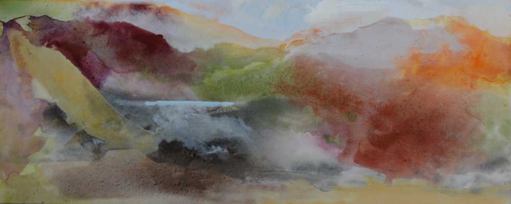 Water amongst the hills painting by Peter M Hicks artist acrylic on canvas