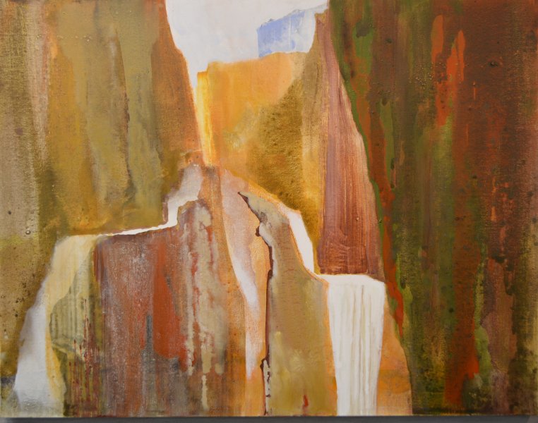 High rock walls and falling water painting by Peter M Hicks artist acrylic on canvas