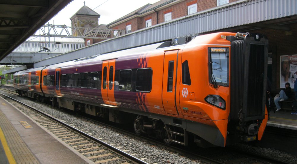 Class 196 Civity DMU 2-car unit built by CAF 196008 at Nuneaton station with a West Midlands Trains service to Leamington Spa