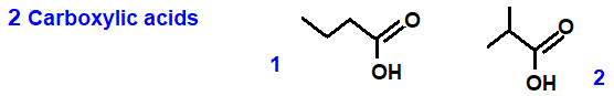2 carboxylic acid isomers of formula C4H8O2 butanoic acid, 2-methylbutanoic acid, skeletal formula