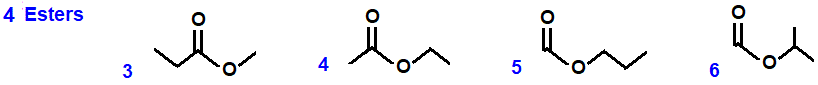4 ester isomers of formula C4H8O2 butanoic acid, methyl propanoate, ethyl ethanoate, propyl methanoate, isopropyl methanoate, skeletal formula