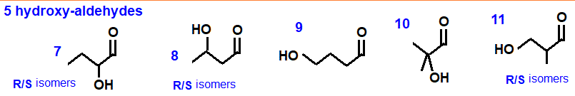 5 hydroxy-aldehydes isomers of formula C4H8O2, skeletal formula & names, R/S optical stereoisomers, structural formula