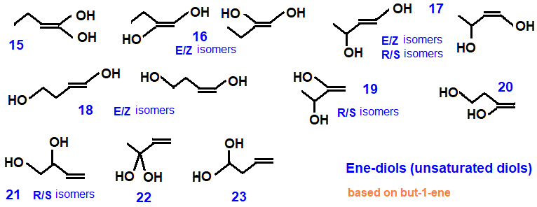 18 ene-diols unsaturated diols isomers of molecular formula C4H8O2 skeletal formula, structural formula, IUPAC names