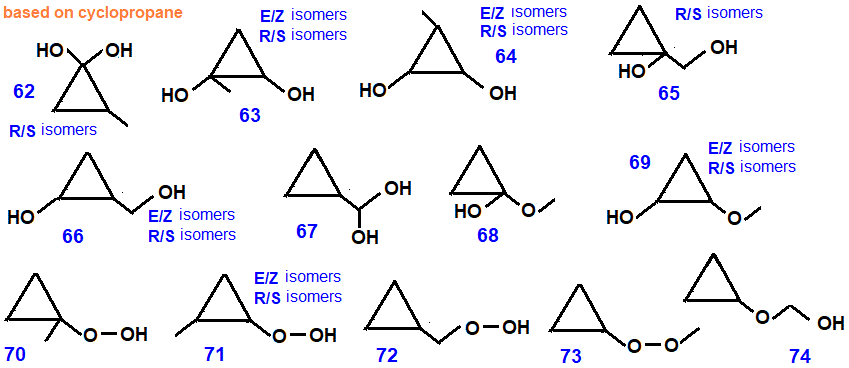 C4H8O2 constitutional isomer derivatives of cyclopropane diols peroxides alcohols ethers, names skeletal formula