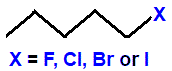 skeletal formula of 1-fluoropentane, 1-chloropentane, 1-bromopentane, 1-iodopentane, isomers of C5H11Cl, C5H11Br, C5H11I, C5H11F
