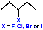 skeletal formula of 3-fluoropentane, 3-chloropentane, 3-bromopentane, 3-iodopentane, isomers of C5H11Cl, C5H11Br, C5H11I, C5H11F