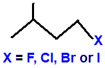 skeletal formula of 1-fluoro-3-methylbutane, 1-chloro-3-methylbutane, 1-bromo-3-methylbutane, 1-iodo-3-methylbutane, isomers of C5H11Cl, C5H11Br, C5H11I, C5H11F