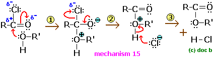 General nucleophilic addition elimination mechanism for reaction of acyl/acid chloride with nucleophile alcohols ester product esterification advanced organic chemistry