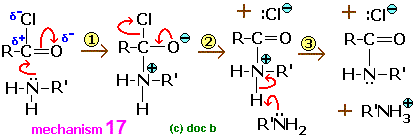 General nucleophilic addition elimination mechanism for reaction of acyl/acid chloride with nucleophile amines secondary amide product advanced organic chemistry